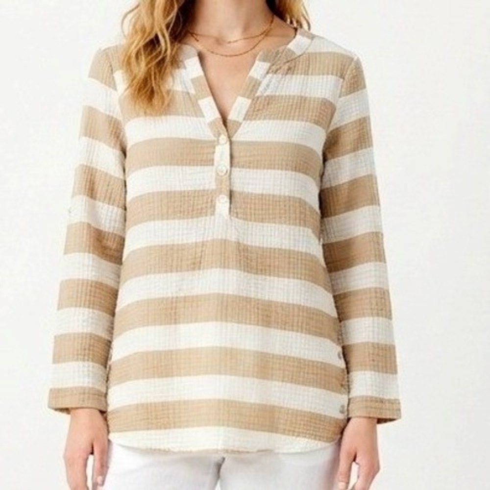 Kaktus Gauze Blouse Womens Medium Tan White Striped Henley Roll Tab Cotton Top